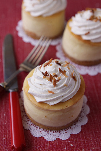 A photo showing a small cheesecake topped with toasted coconut and a swirl of whipped cream, served on a red surface with a graham cracker crust visible.