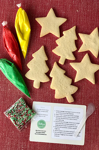 A variety of hand-cut sugar cookies in different shapes, with piping bags of royal icing and a mini spatula, displayed on a red surface with an instructional card.